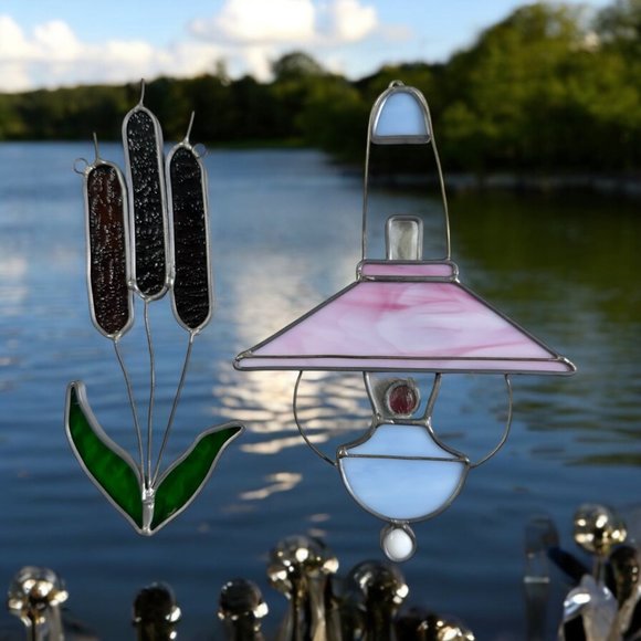 Stained Glass Lantern Cattail Suncatcher Set Camping Fishing Cabin Outdoor - Picture 1 of 8